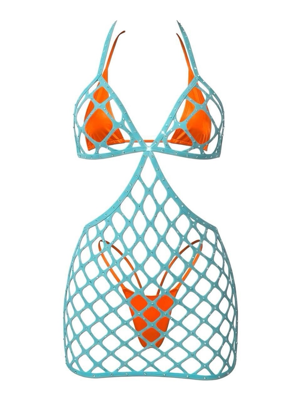 Teal Rhinestone Fishnet Halter Mini Dress - Exotic Dancewear